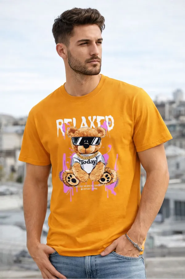 Yellow_Pure_Cotton_Self_Design_Round_Neck_Tshirt_For_Men