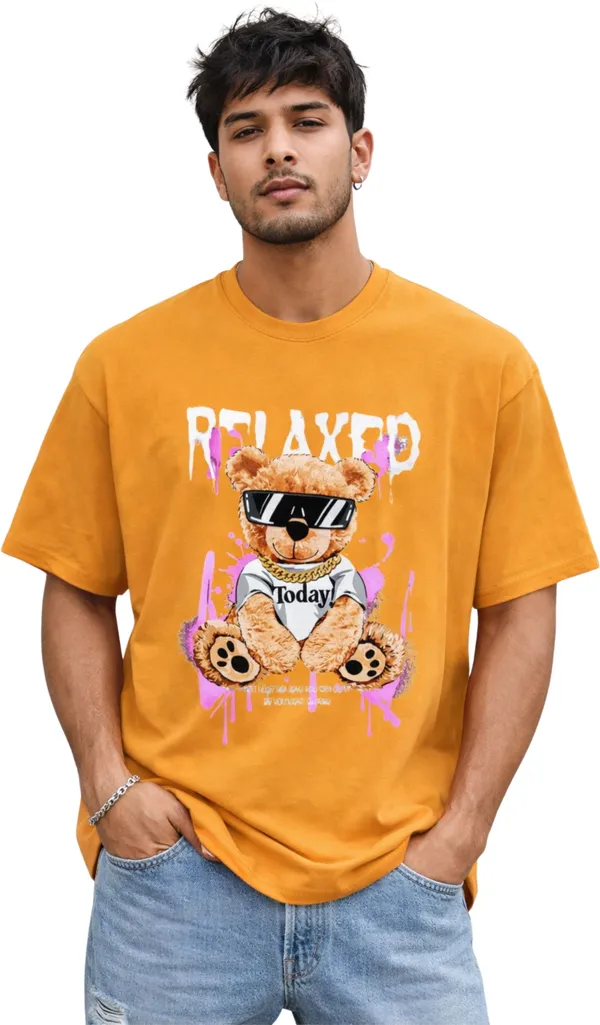 Yellow_Pure_Cotton_Self_Design_Round_Neck_Tshirt_For_Men