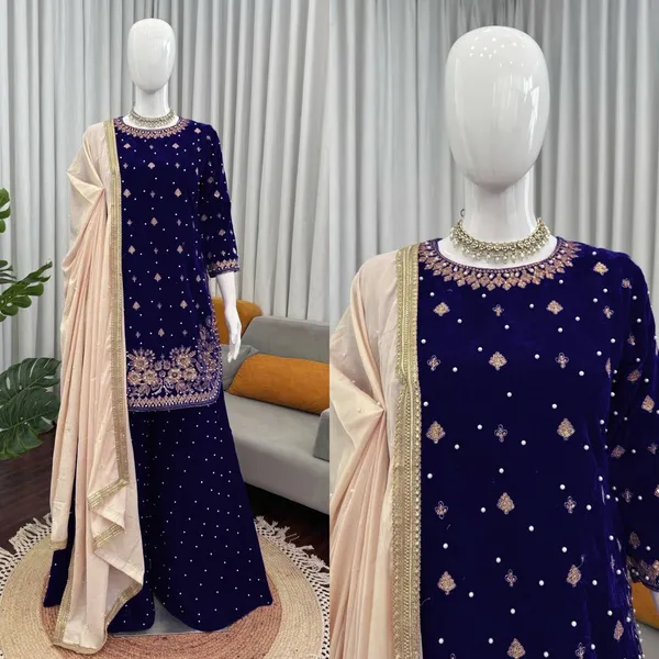 Blue_Premium_Viscosevelvet_Sharara_Suit_For_Women
