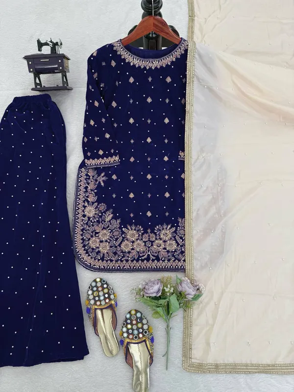 Blue_Premium_Viscosevelvet_Sharara_Suit_For_Women