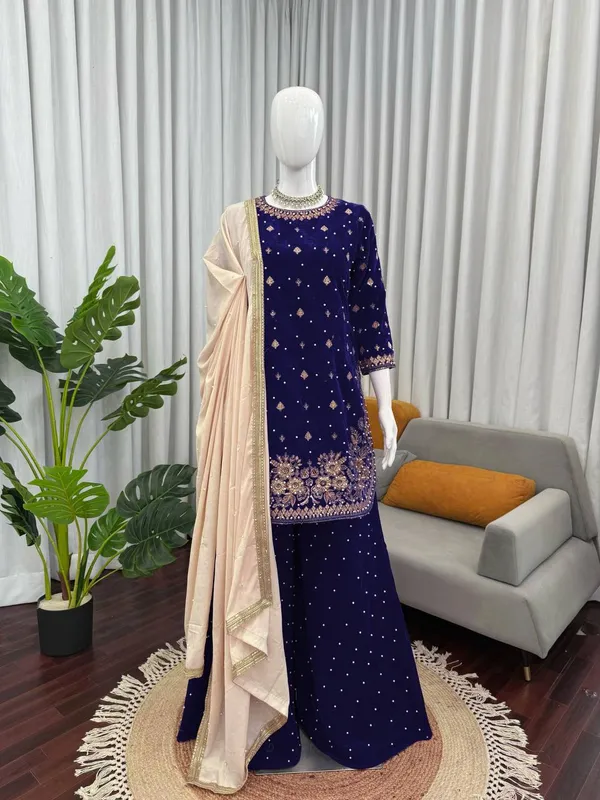 Blue_Premium_Viscosevelvet_Sharara_Suit_For_Women