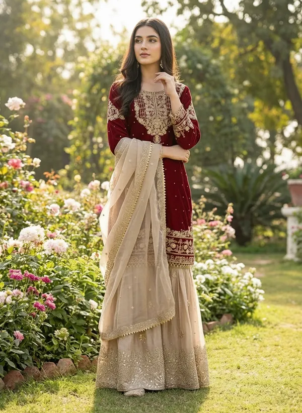 Maroon_9000Velvet_Kurti_Plazzo_For_Women