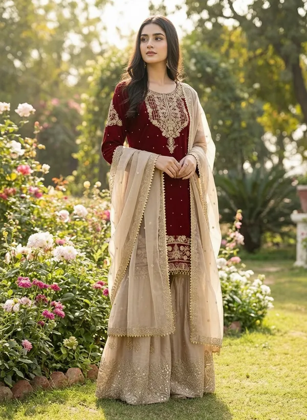 Maroon_9000Velvet_Kurti_Plazzo_For_Women