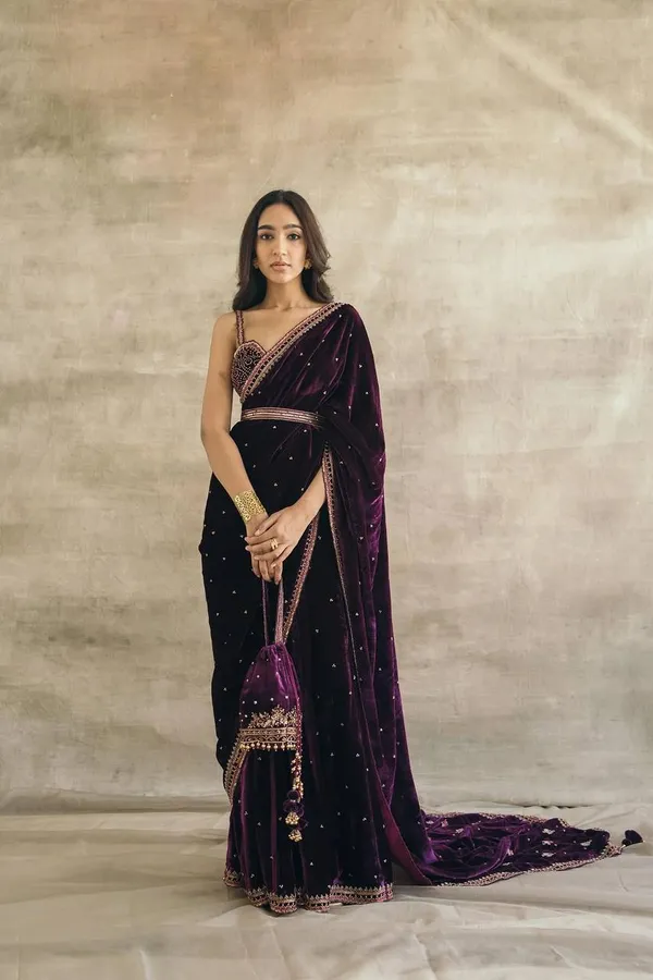 Purple_Purple_Velvet_Embroidered_Bollywood_Saree_For_Women