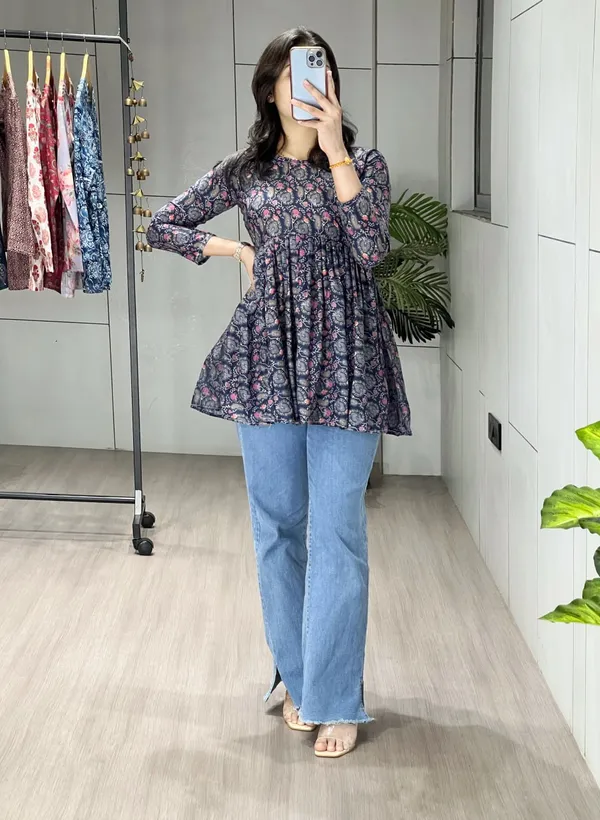 Brown_Trendy_Floral_Short_Kurti_For_Women