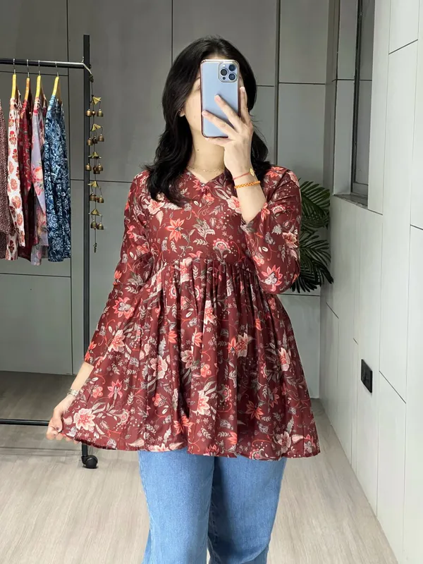 Brown_Trendy_Floral_Short_Kurti_For_Women