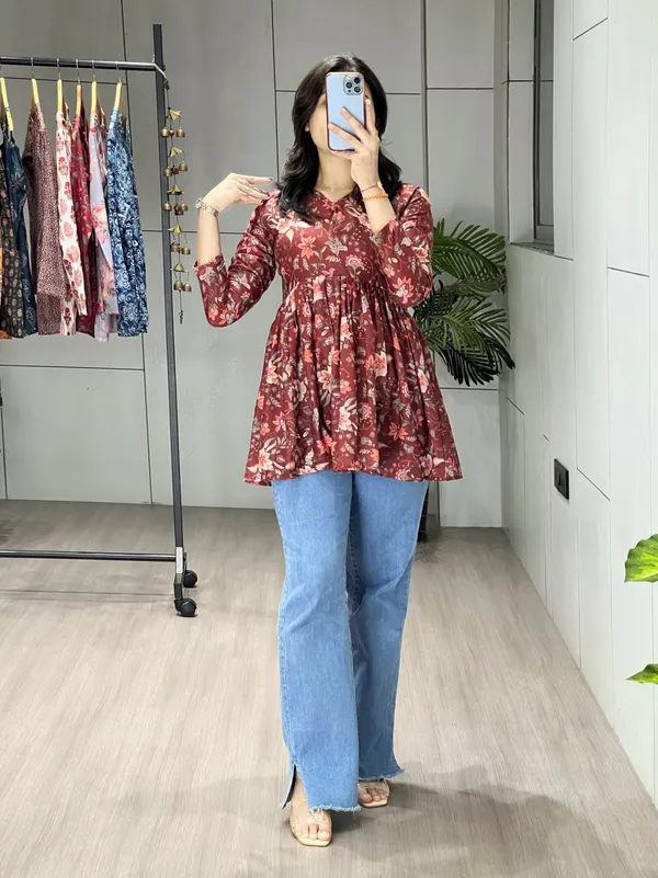 Brown_Trendy_Floral_Short_Kurti_For_Women