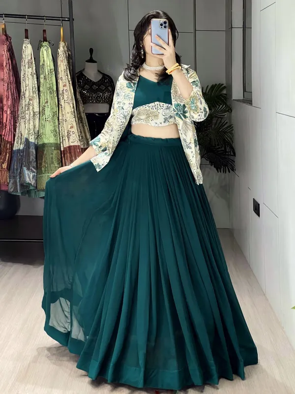 Green_Classical_Foil_Printed_Koti_Lehenga_Choli_Set_For_Women