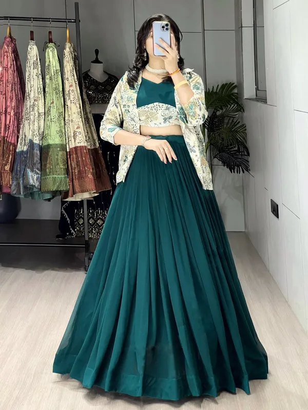 Green_Classical_Foil_Printed_Koti_Lehenga_Choli_Set_For_Women