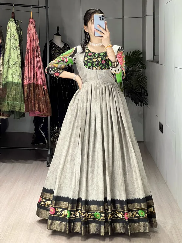 Grey_Graceful_Kalamkari_Silk_Gown_With_Jacquard_Patta_For_Women