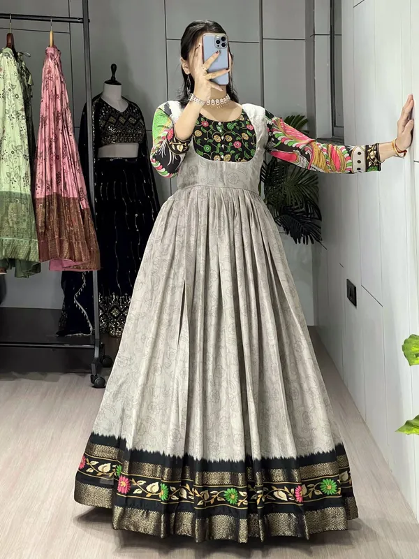 Grey_Graceful_Kalamkari_Silk_Gown_With_Jacquard_Patta_For_Women