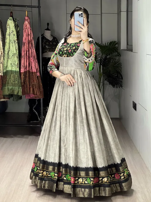Grey_Graceful_Kalamkari_Silk_Gown_With_Jacquard_Patta_For_Women