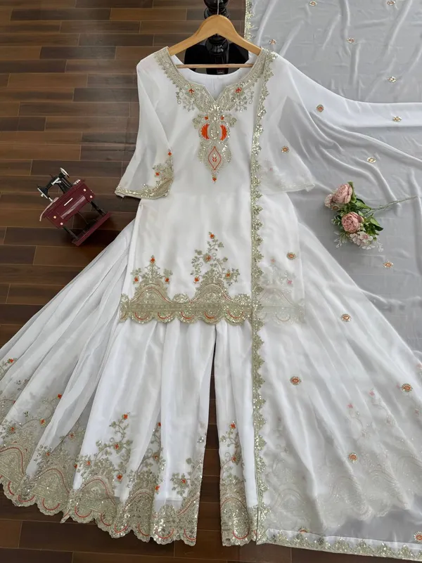 White_Designer_Wedding_Sharara_Suit_Multicolor_Set_For_Women