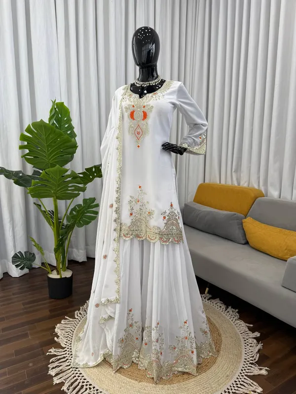 White_Designer_Wedding_Sharara_Suit_Multicolor_Set_For_Women