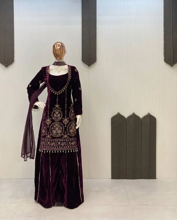 Purple_Velvet_Three_Piece_Kali_Plazzo_Set_For_Women