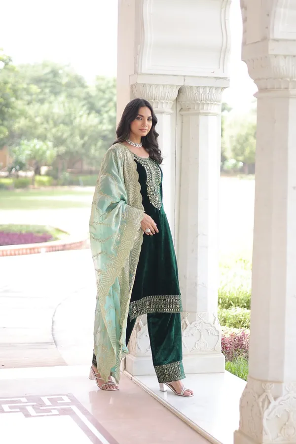 Green_Chinnonsilk_Kurti_Pant_For_Women