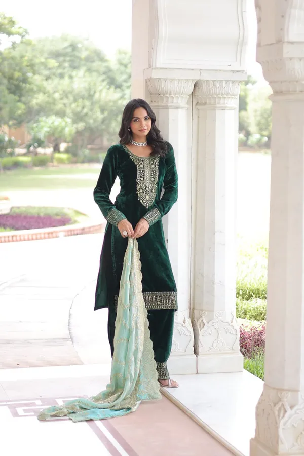 Green_Chinnonsilk_Kurti_Pant_For_Women