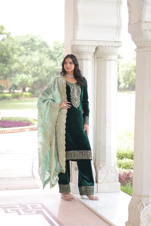 Green_Chinnonsilk_Kurti_Pant_For_Women