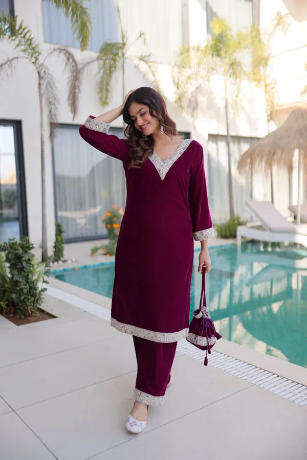 Maroon_Organzasilk_Kurti_Pant_For_Women