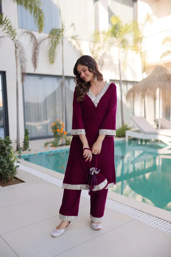 Maroon_Organzasilk_Kurti_Pant_For_Women