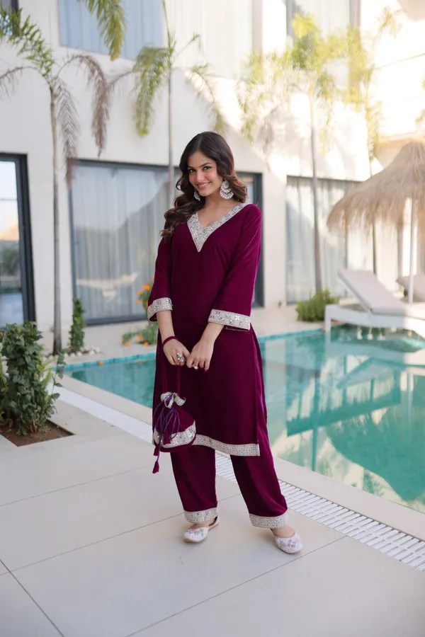 Maroon_Organzasilk_Kurti_Pant_For_Women