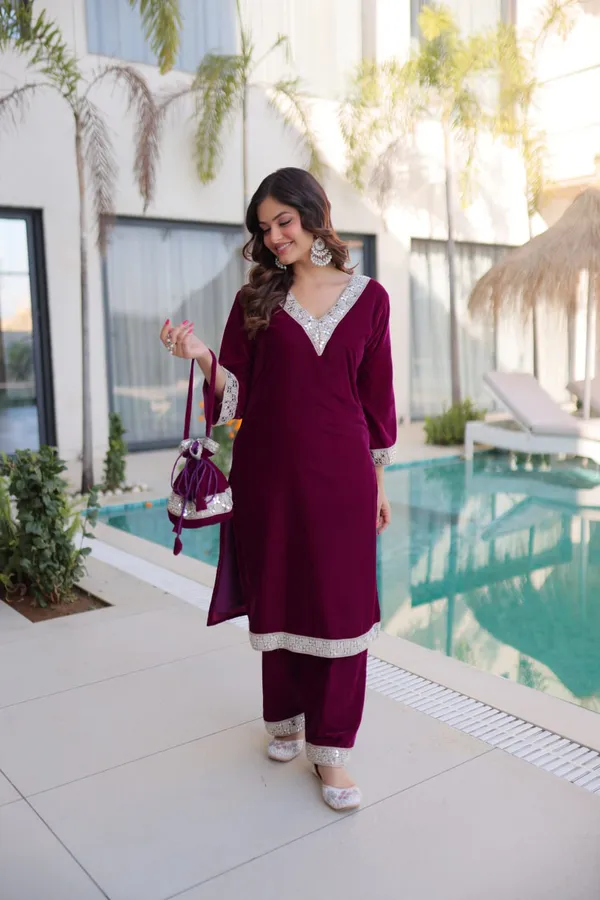 Maroon_Organzasilk_Kurti_Pant_For_Women