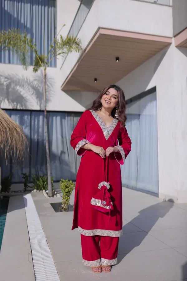 Red_Organzasilk_Kurti_Pant_For_Women