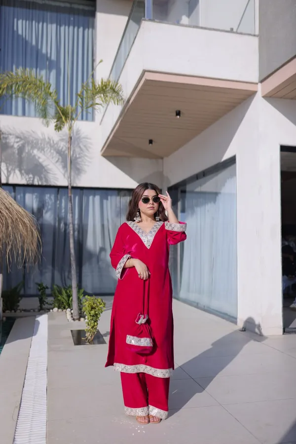 Red_Organzasilk_Kurti_Pant_For_Women