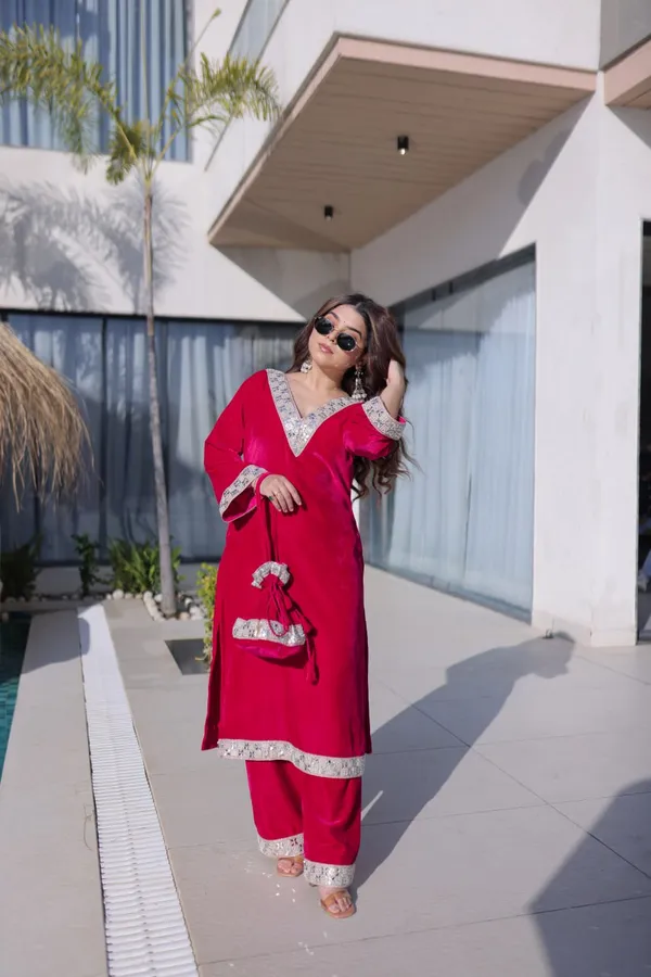 Red_Organzasilk_Kurti_Pant_For_Women