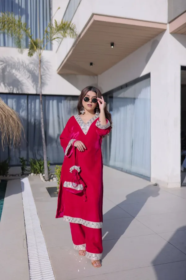 Red_Organzasilk_Kurti_Pant_For_Women
