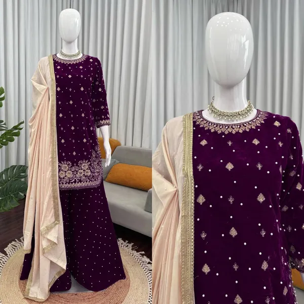 Wine_Premium_Viscosevelvet_Sharara_Suit_For_Women