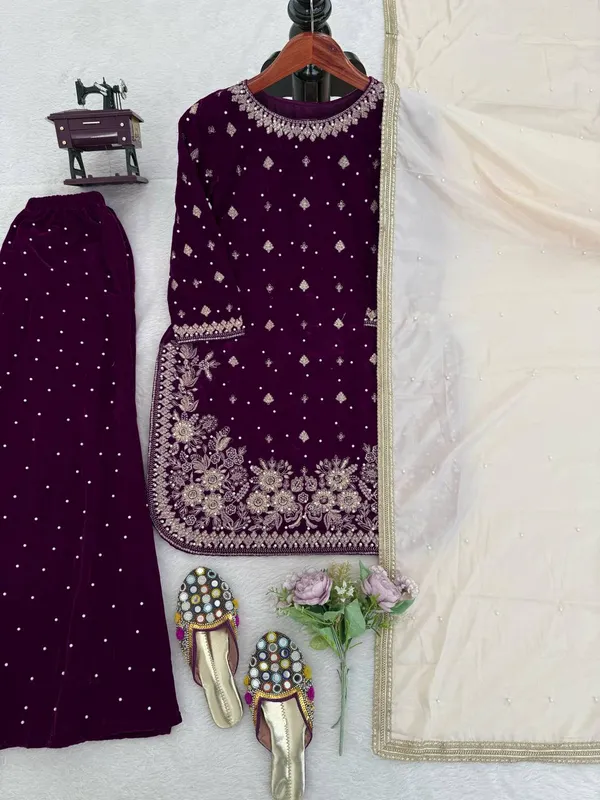 Wine_Premium_Viscosevelvet_Sharara_Suit_For_Women