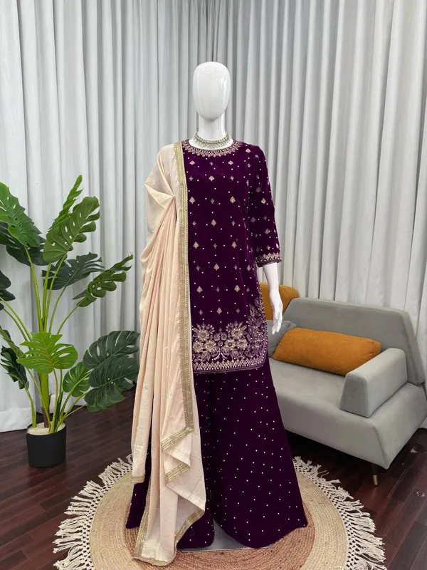 Wine_Premium_Viscosevelvet_Sharara_Suit_For_Women