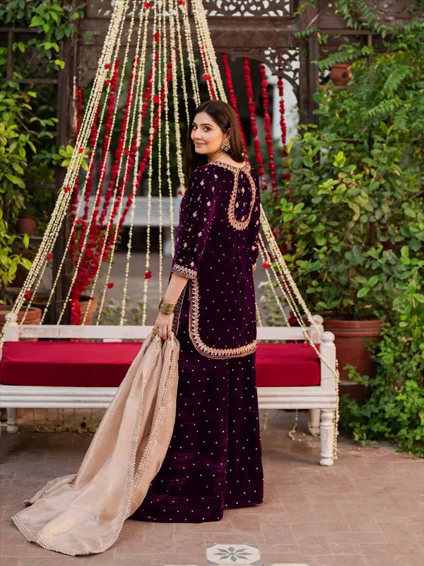 Wine_Premium_Viscosevelvet_Sharara_Suit_For_Women
