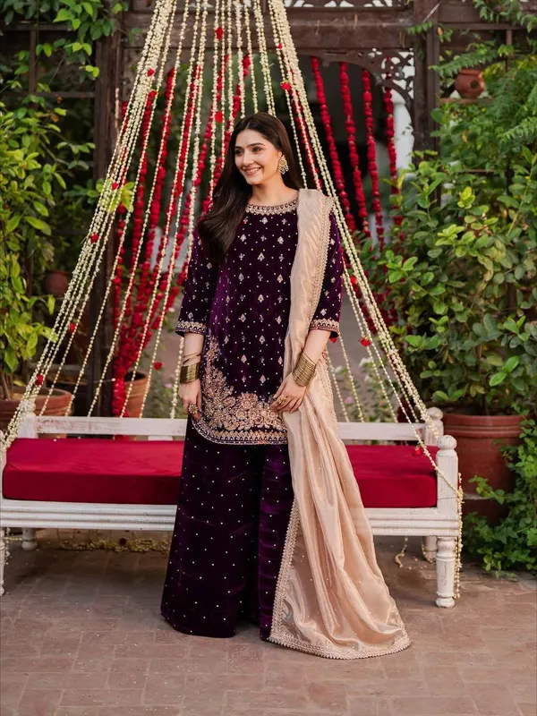 Wine_Premium_Viscosevelvet_Sharara_Suit_For_Women