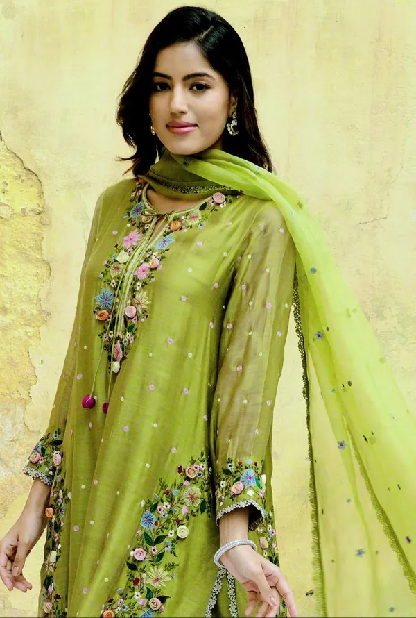 Green_Fauxgeorgette_Kurti_Plazzo_For_Women