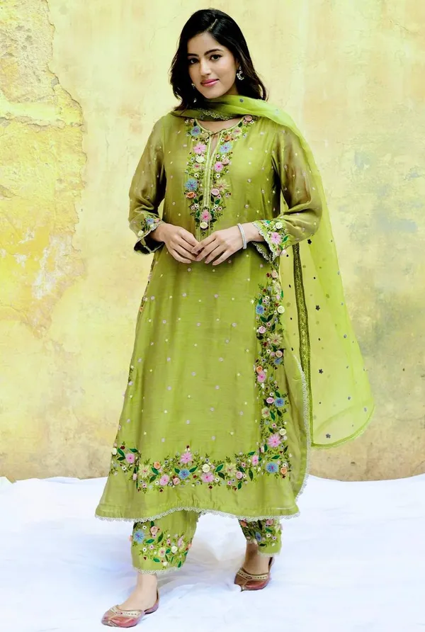 Green_Fauxgeorgette_Kurti_Plazzo_For_Women