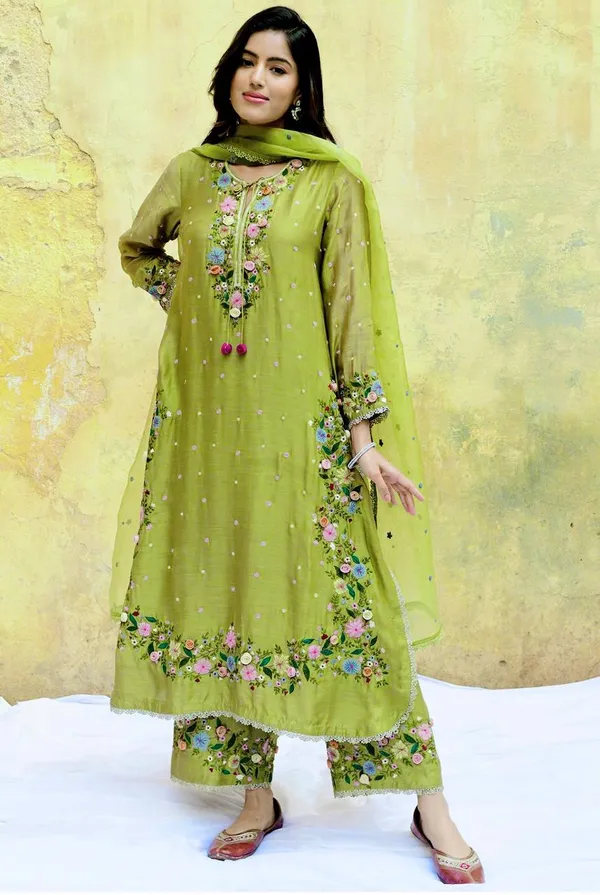 Green_Fauxgeorgette_Kurti_Plazzo_For_Women