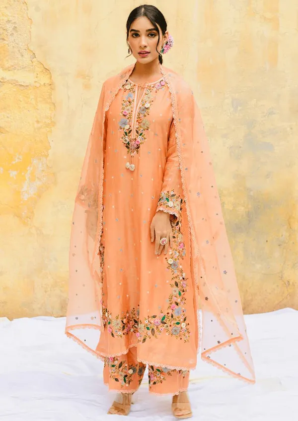 Orange_Fauxgeorgette_Kurti_Plazzo_For_Women