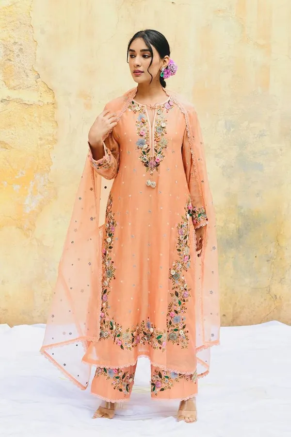 Orange_Fauxgeorgette_Kurti_Plazzo_For_Women