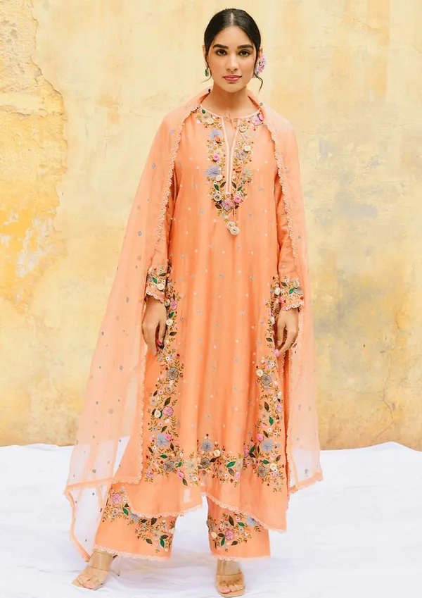 Orange_Fauxgeorgette_Kurti_Plazzo_For_Women