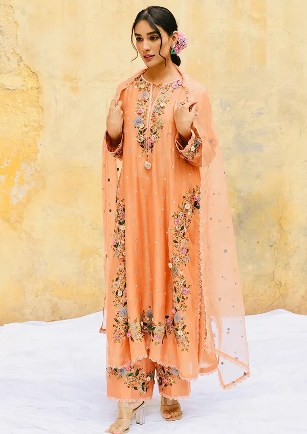 Orange_Fauxgeorgette_Kurti_Plazzo_For_Women