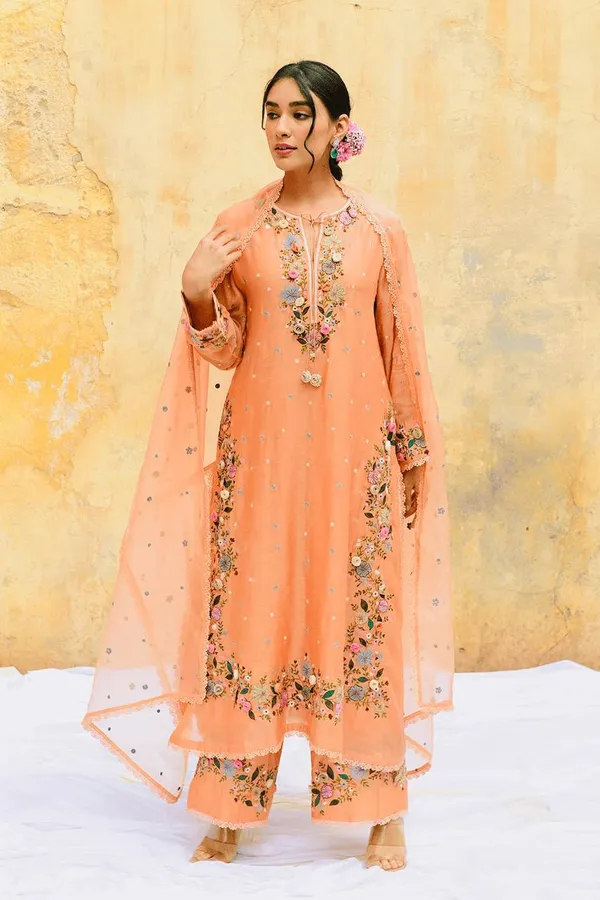 Orange_Fauxgeorgette_Kurti_Plazzo_For_Women