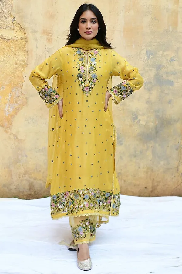 Yellow_Fauxgeorgette_Kurti_Plazzo_For_Women