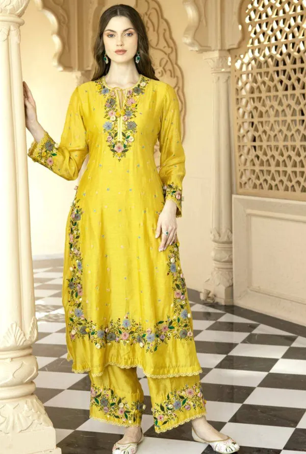 Yellow_Fauxgeorgette_Kurti_Plazzo_For_Women