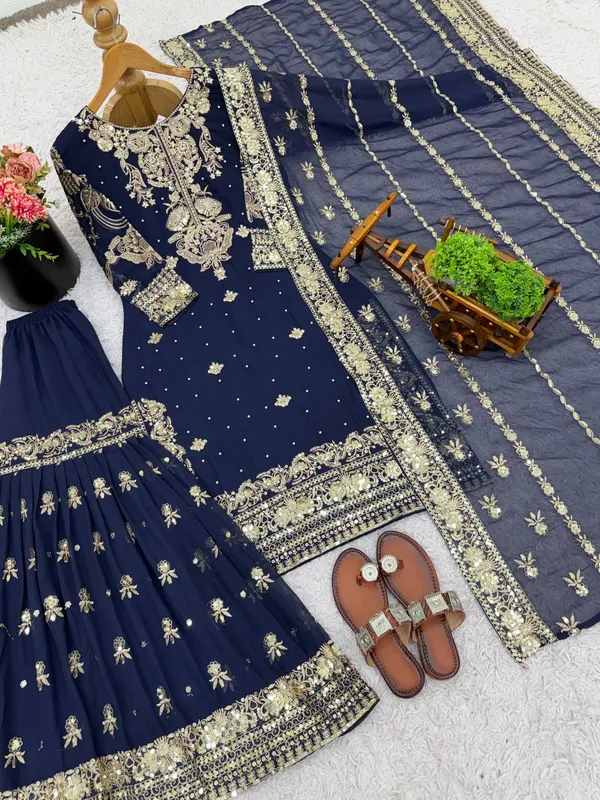 Dark_Blue_Fauxgeorgette_Kurti_Plazzo_For_Women