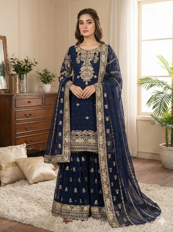 Dark_Blue_Fauxgeorgette_Kurti_Plazzo_For_Women
