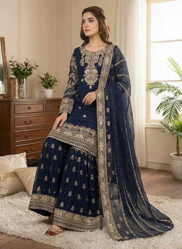 Dark_Blue_Fauxgeorgette_Kurti_Plazzo_For_Women