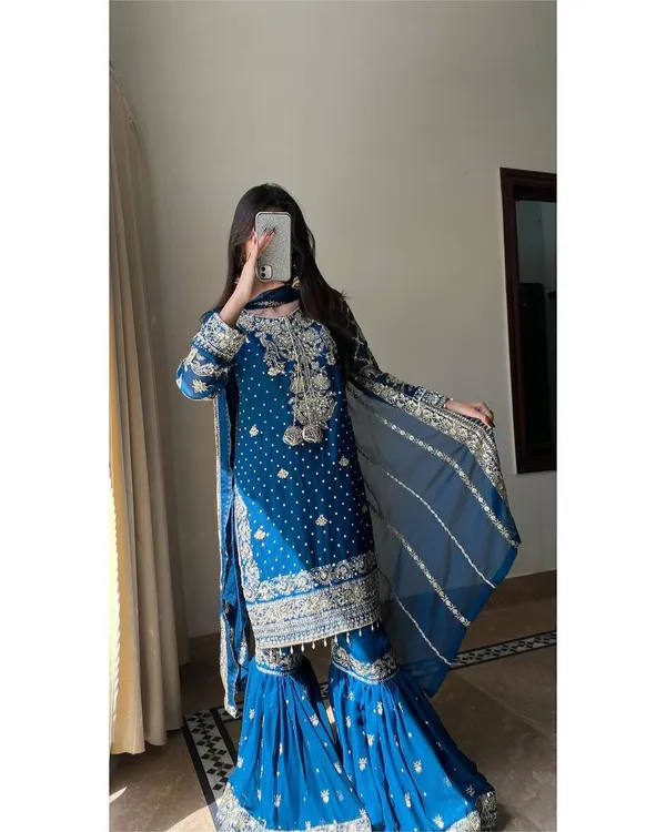 Sky_Blue_Fauxgeorgette_Kurti_Plazzo_For_Women