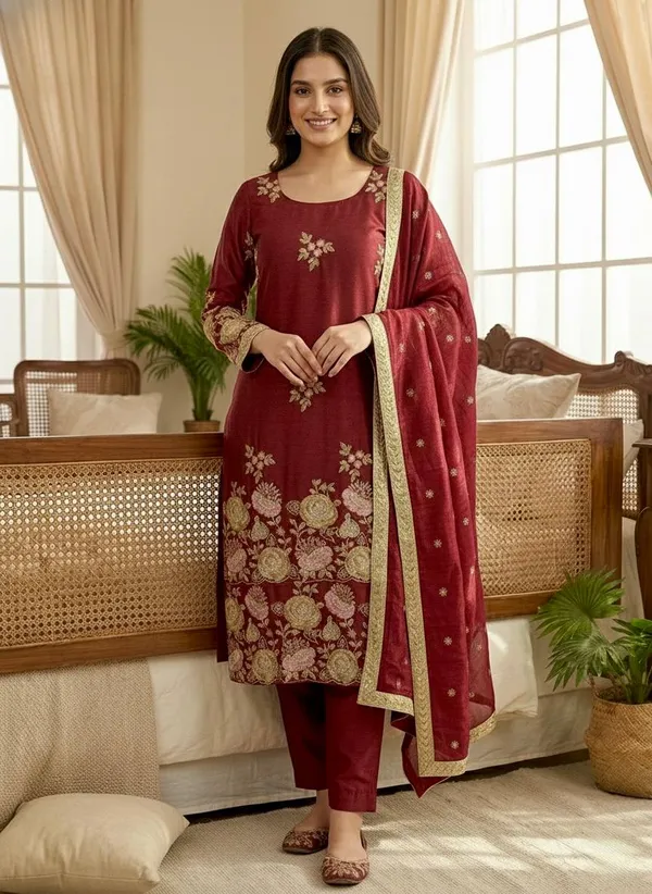 Red_Fauxgeorgette_Kurti_Pant_For_Women